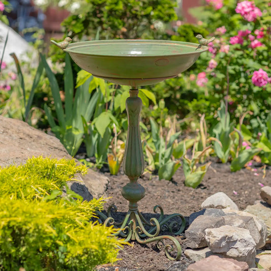 Pedestal Birdbath with Little Bird Detail - Green