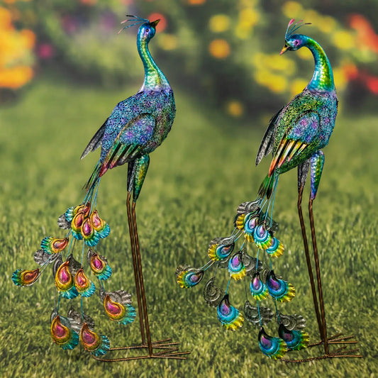 35" Tall Standing Colorful Iron Peacocks Pair